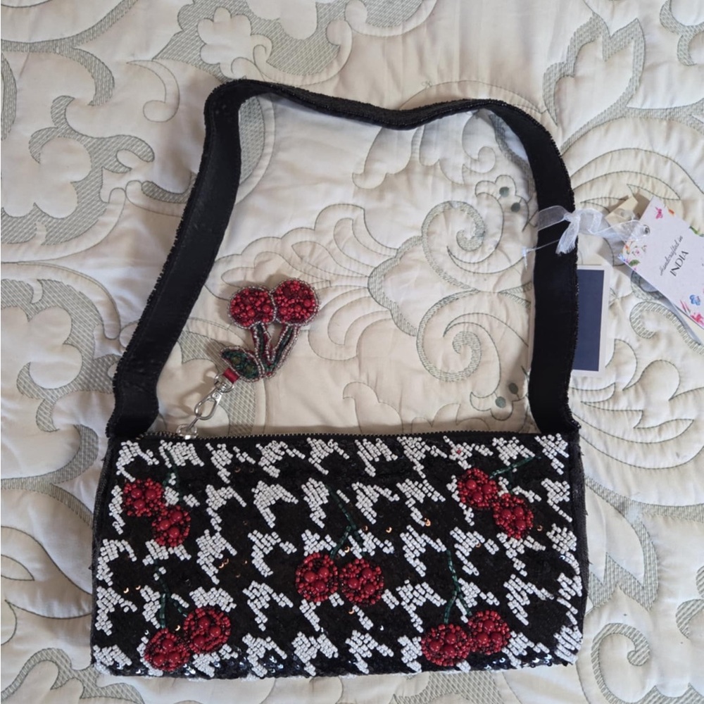 Black and White Houndstooth Beaded Bag with Red Cherries Design NWT